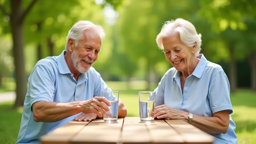 Seniori skaita ūdeni stiklos pie piknika galda, saulainā dienā