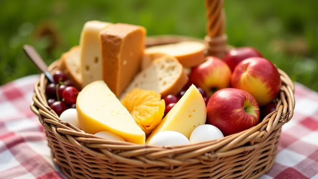 Piknika grozā dažādi ēdieni — siers, augļi, maize, uzvārītas olas
