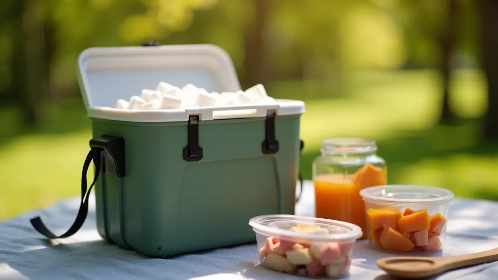 Termoss ar ledus pakām un dažādi iepakojumi ar ēdienu piknika grozā