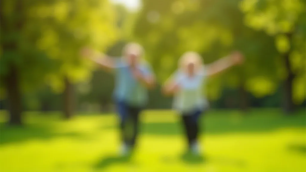 Seniori veic vieglus vingrojumus parkā, stiepes un līdzsvars, zaļa daba apkārt