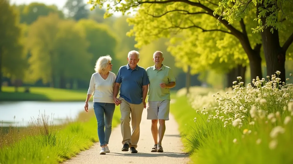 Seniori staigā pa labirintu ceļu blakus ezerim, pavasara pūpoli un zaļa daba apkārt, saulainā diena