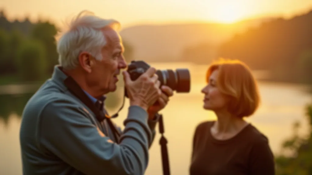 Seniora pāris fotografē dabas ainas, fotoaparāts rokās, mājīga atmosfēra pie ezera